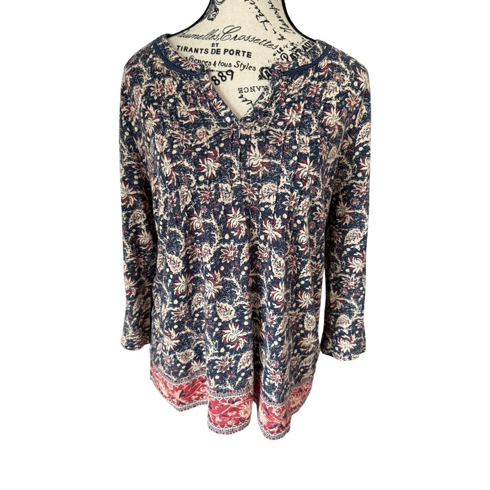 Lucky Brand 3/4 Sleeve Split Neck Multicolor Floral Top Size M